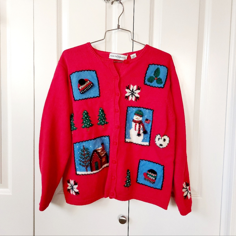 Snowman‎ & Cabin Beaded Christmas Sweater Marisa Christina Large Wool
